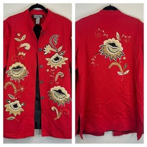 Indigo Moon M Red Floral Embroidered Jacket Floral Oriental Mandarin Buttons